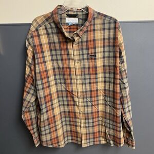 Columbia Long Sleeved Orange Brown Blue Plaid Button‎ Up Shirt Men's XXL Outdoor